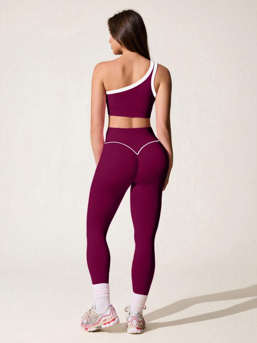 Conjunto Fitness Feminino Sem Costura com Top de Um Ombro e Legging