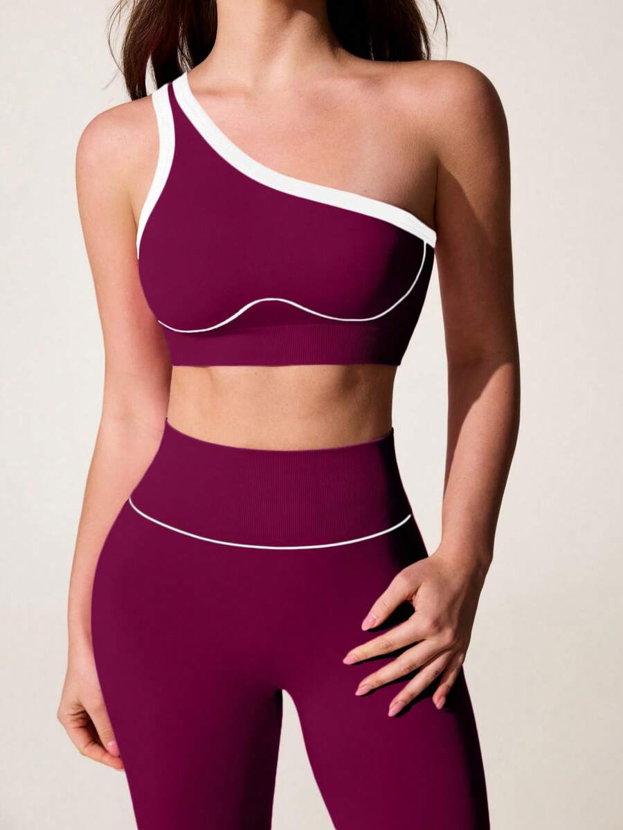 Conjunto Fitness Feminino Sem Costura com Top de Um Ombro e Legging