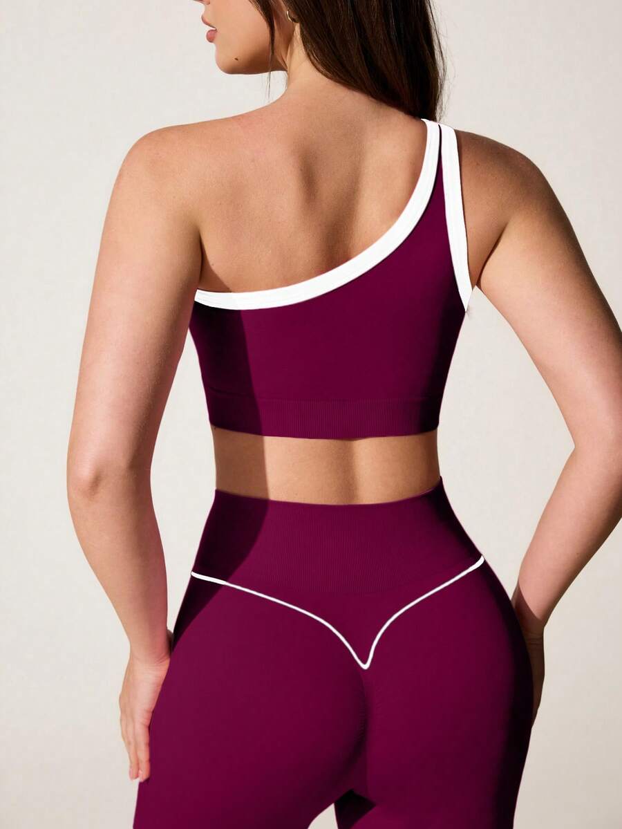 Conjunto Fitness Feminino Sem Costura com Top de Um Ombro e Legging