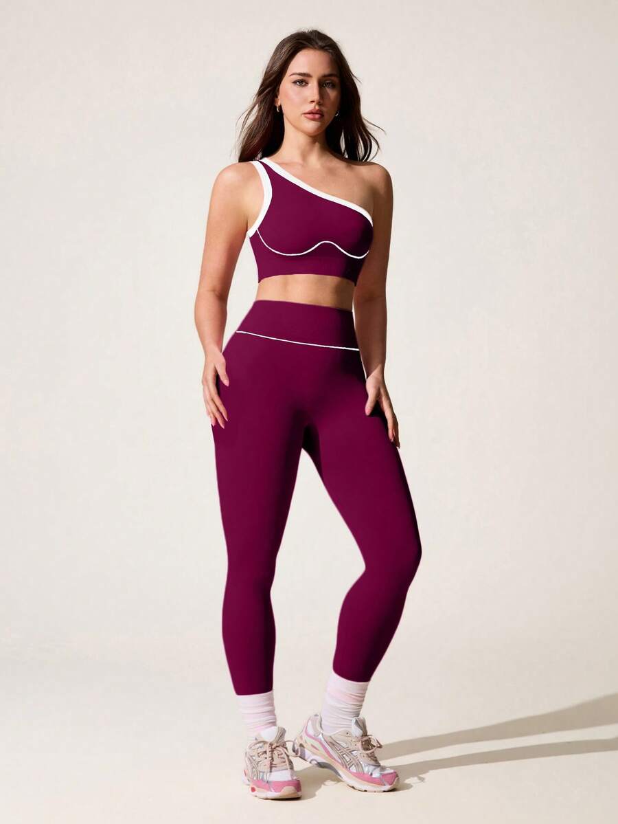 Conjunto Fitness Feminino Sem Costura com Top de Um Ombro e Legging
