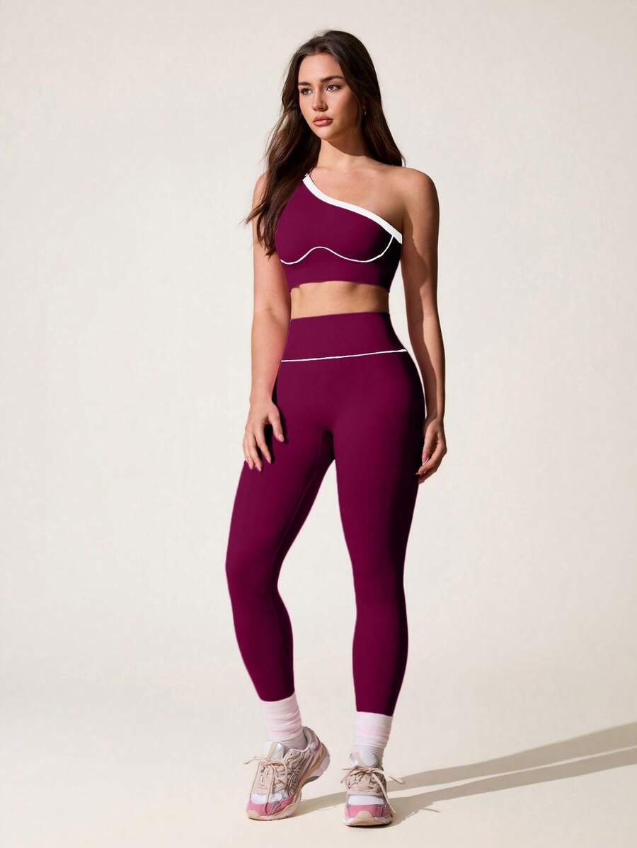 Conjunto Fitness Feminino Sem Costura com Top de Um Ombro e Legging