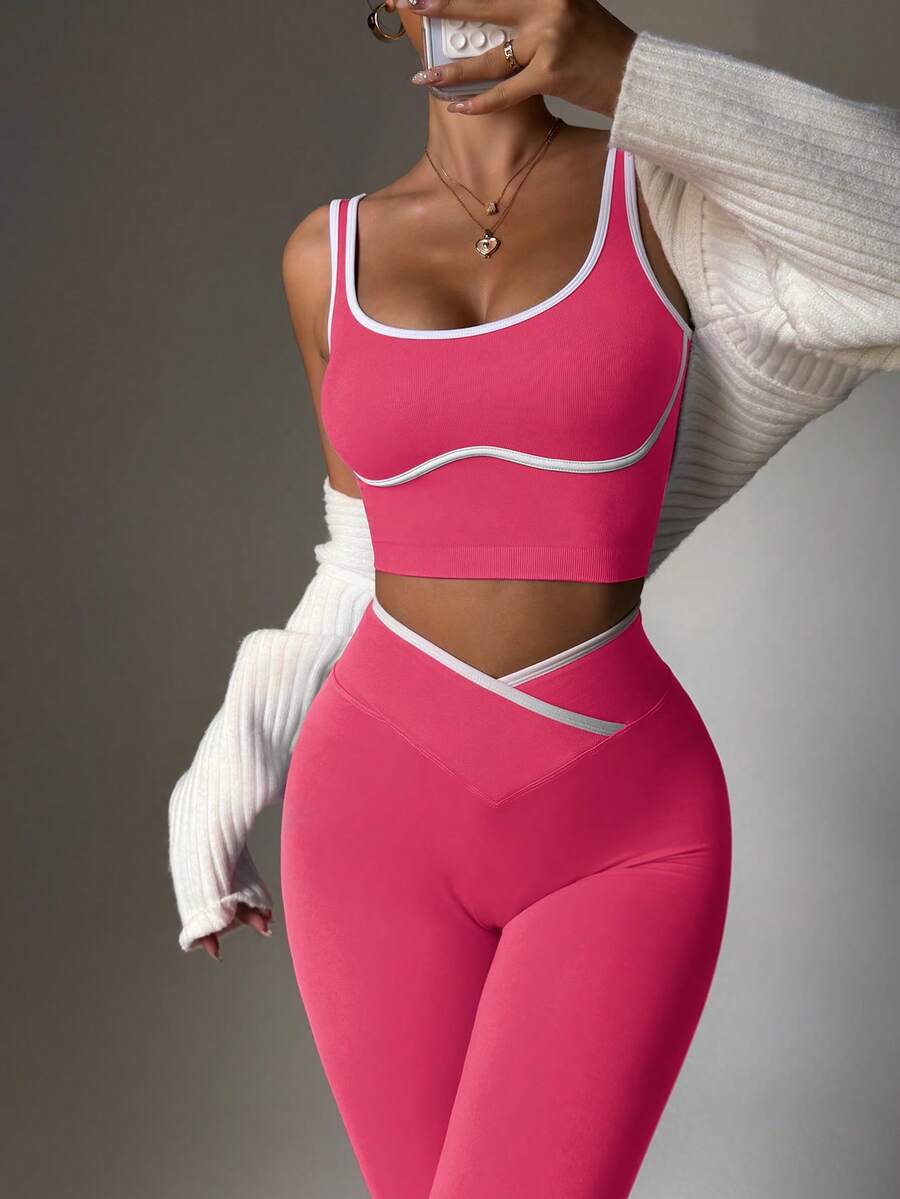 Conjunto Fitness Feminino Sem Costura com Cores Contrastantes