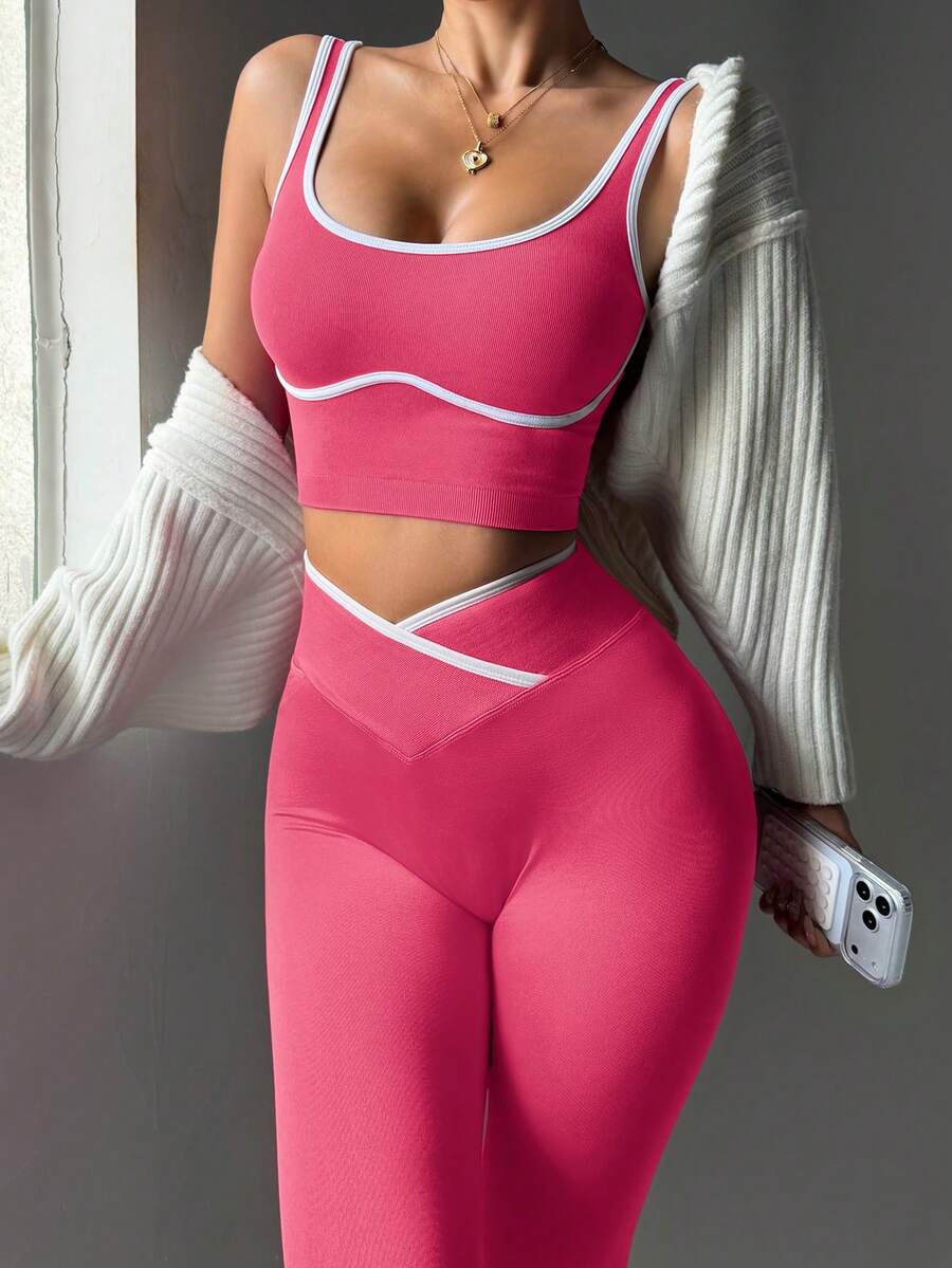 Conjunto Fitness Feminino Sem Costura com Cores Contrastantes