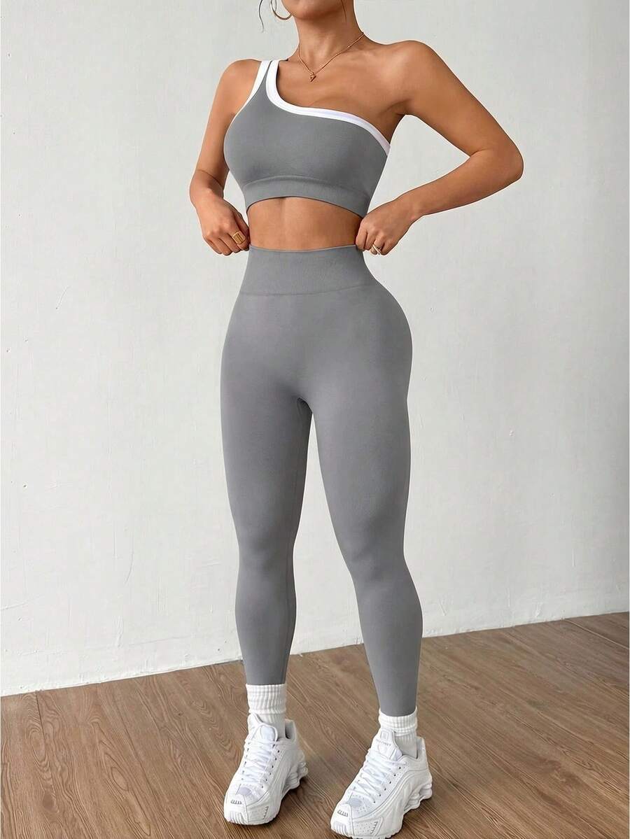 Conjunto Fitness Feminino Sem Costura com Top de Um Ombro e Legging