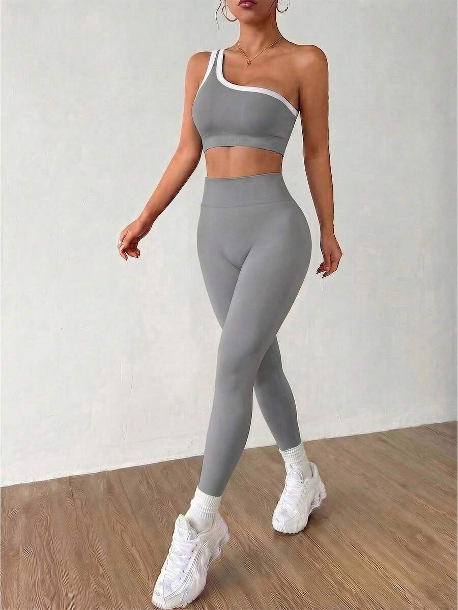 Conjunto Fitness Feminino Sem Costura com Top de Um Ombro e Legging