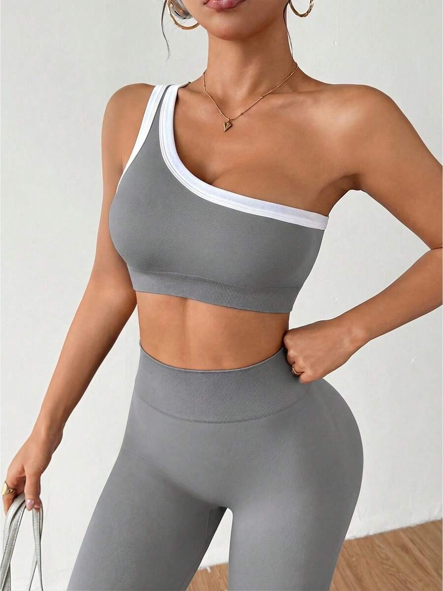 Conjunto Fitness Feminino Sem Costura com Top de Um Ombro e Legging