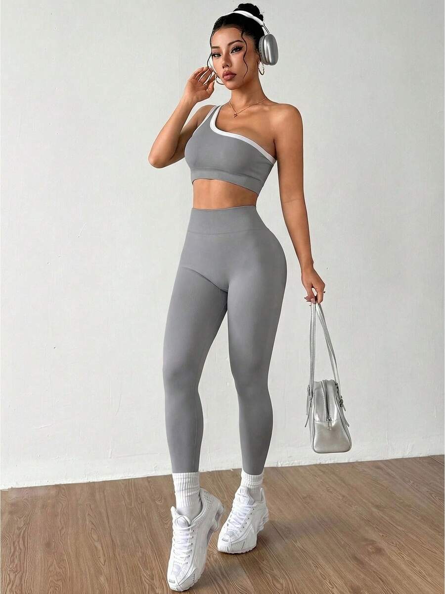 Conjunto Fitness Feminino Sem Costura com Top de Um Ombro e Legging