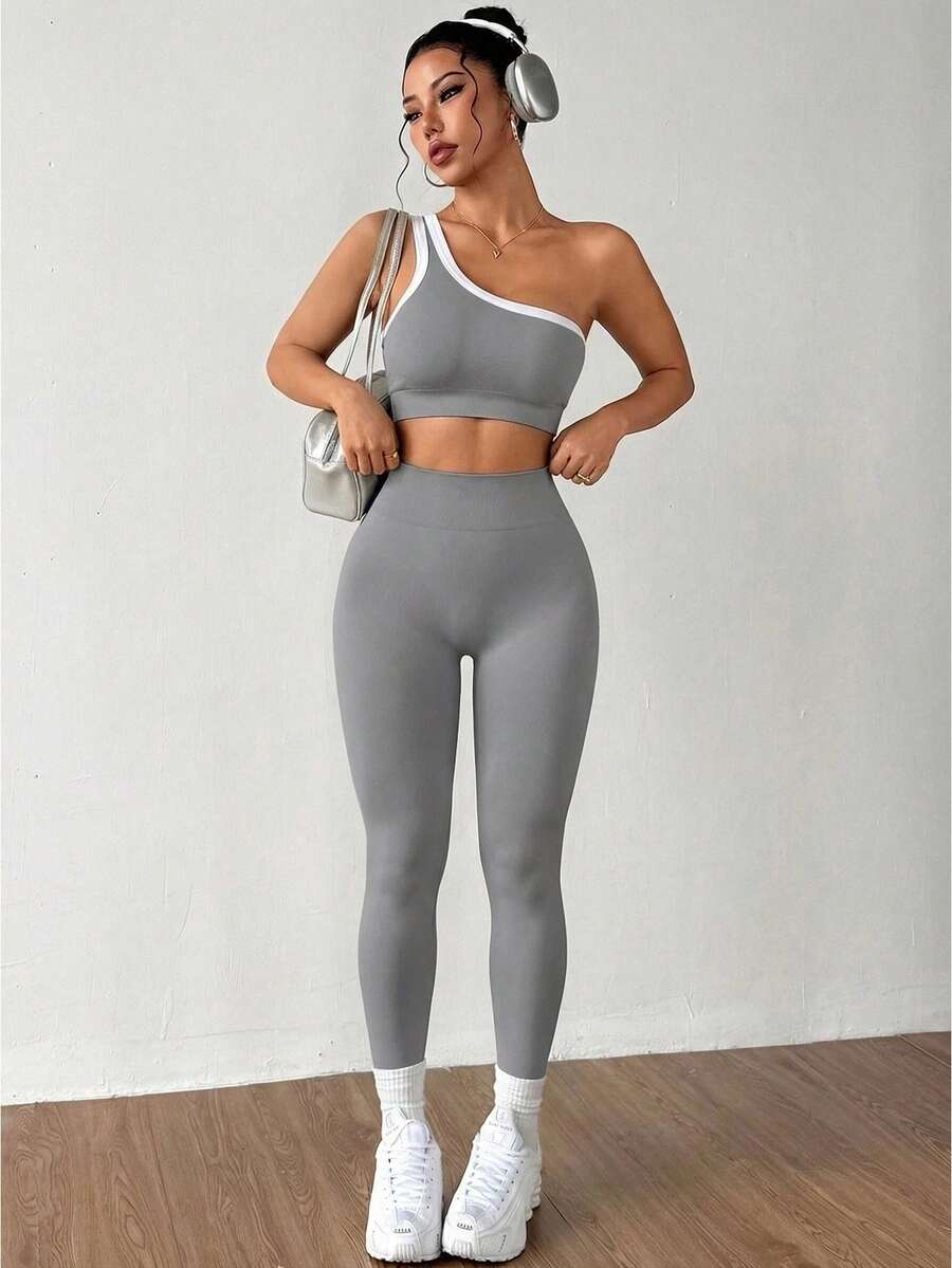 Conjunto Fitness Feminino Sem Costura com Top de Um Ombro e Legging