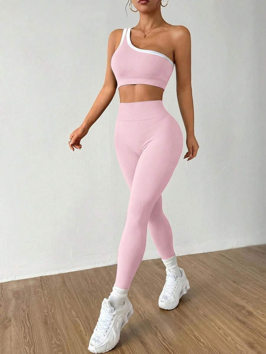 Conjunto Fitness Feminino Sem Costura com Top de Um Ombro e Legging