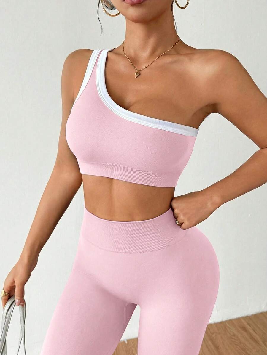 Conjunto Fitness Feminino Sem Costura com Top de Um Ombro e Legging