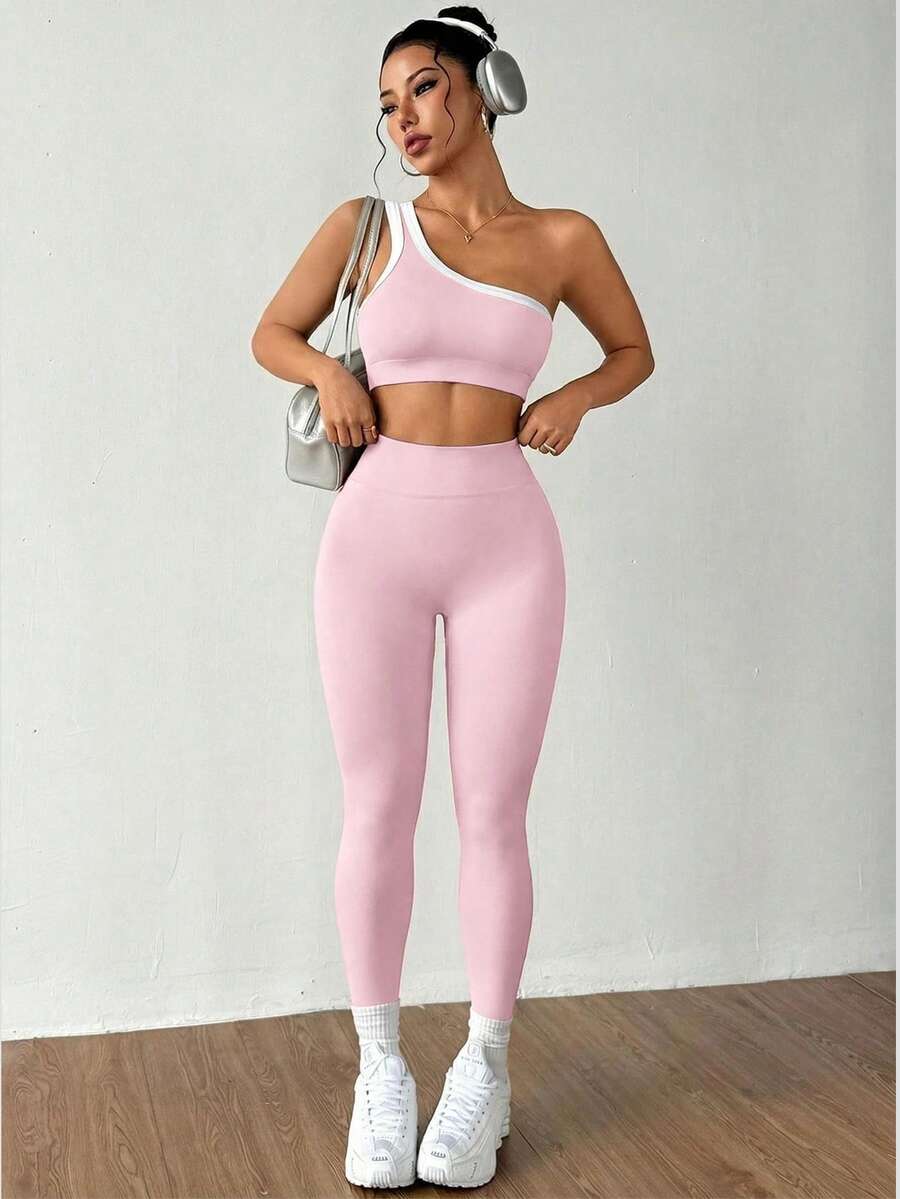 Conjunto Fitness Feminino Sem Costura com Top de Um Ombro e Legging