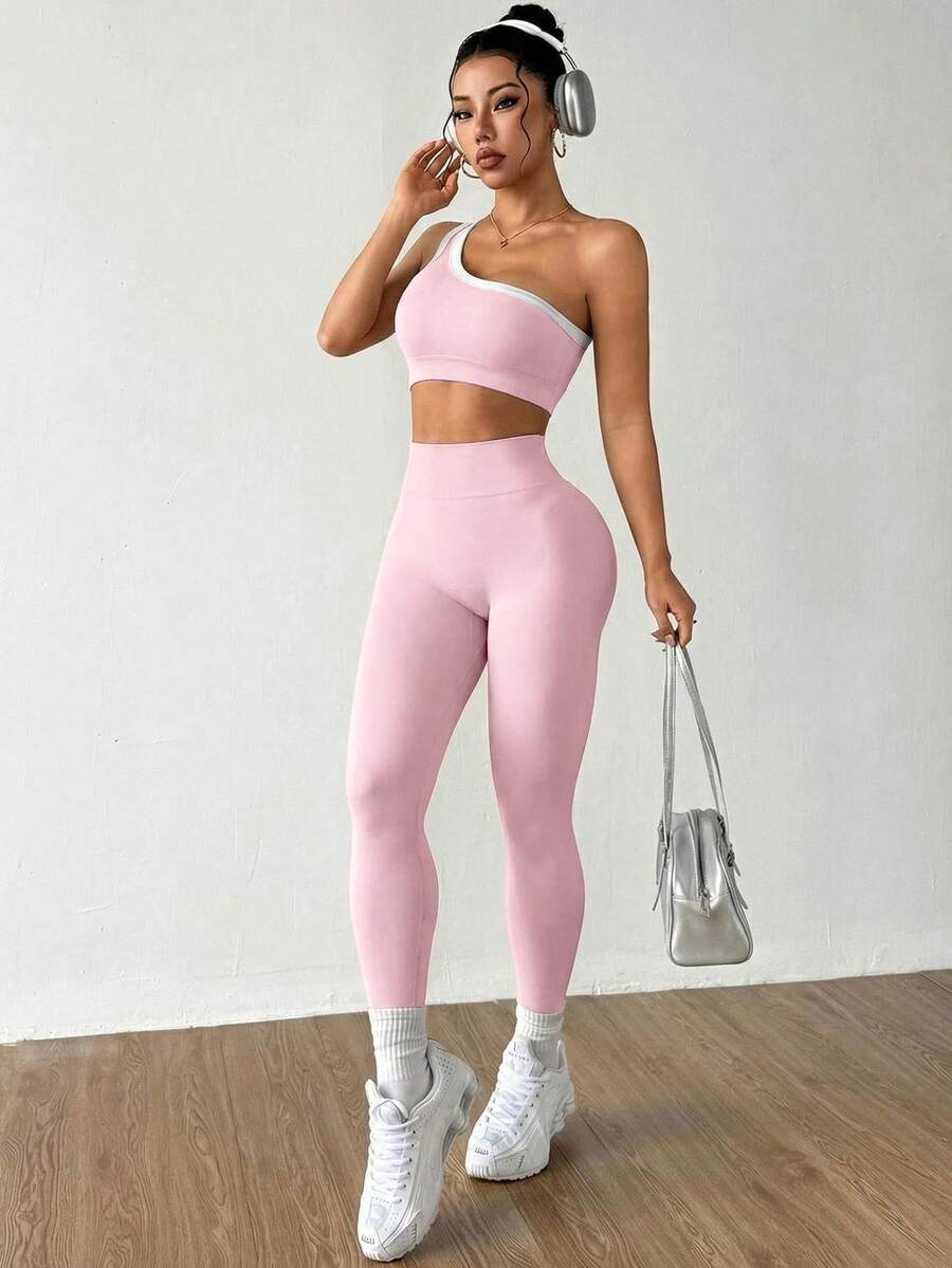 Conjunto Fitness Feminino Sem Costura com Top de Um Ombro e Legging