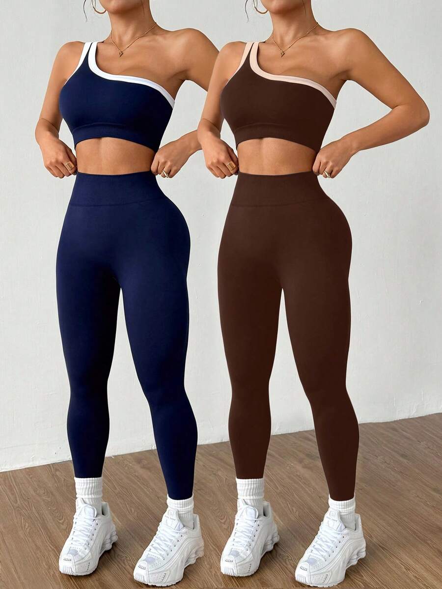 Conjunto Fitness Feminino Sem Costura com Top de Um Ombro e Legging