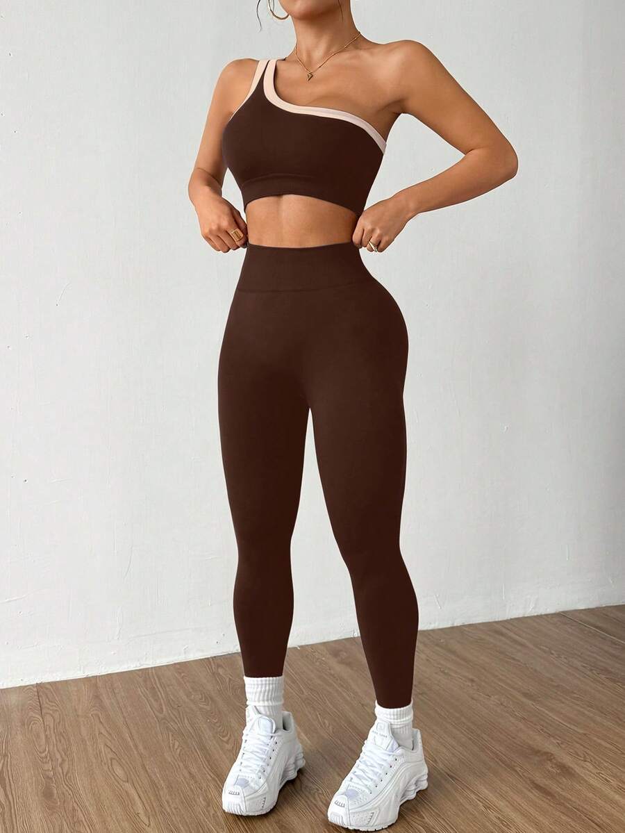 Conjunto Fitness Feminino Sem Costura com Top de Um Ombro e Legging