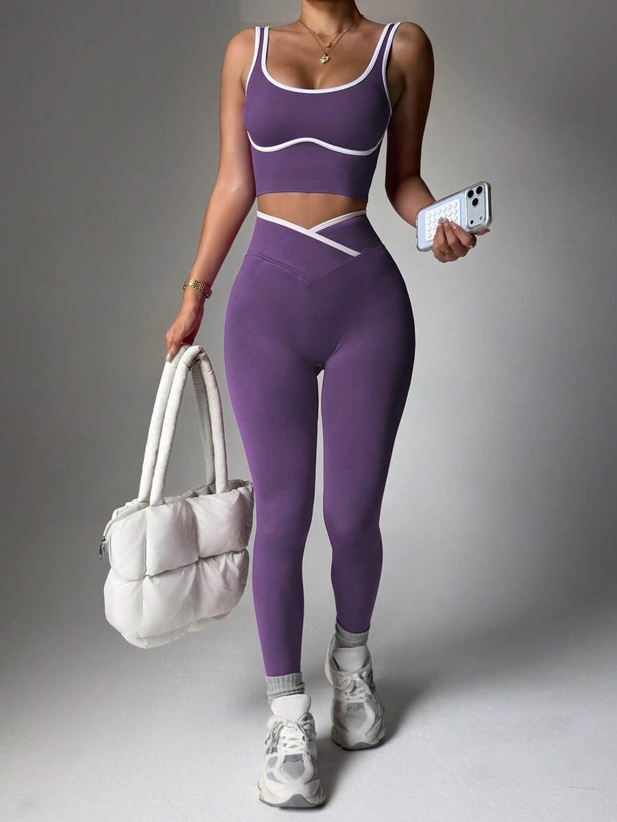 Conjunto Fitness Feminino Sem Costura com Cores Contrastantes