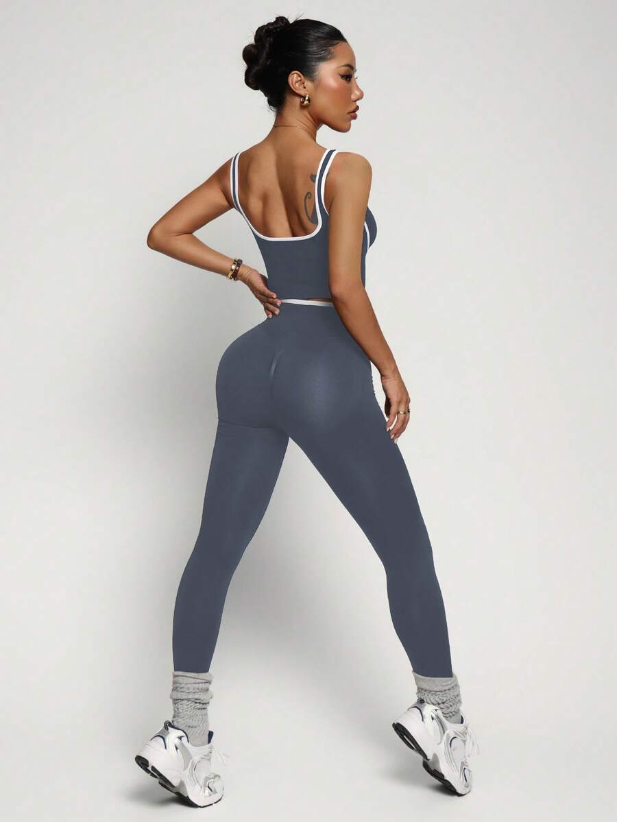 Conjunto Fitness Feminino Sem Costura com Cores Contrastantes