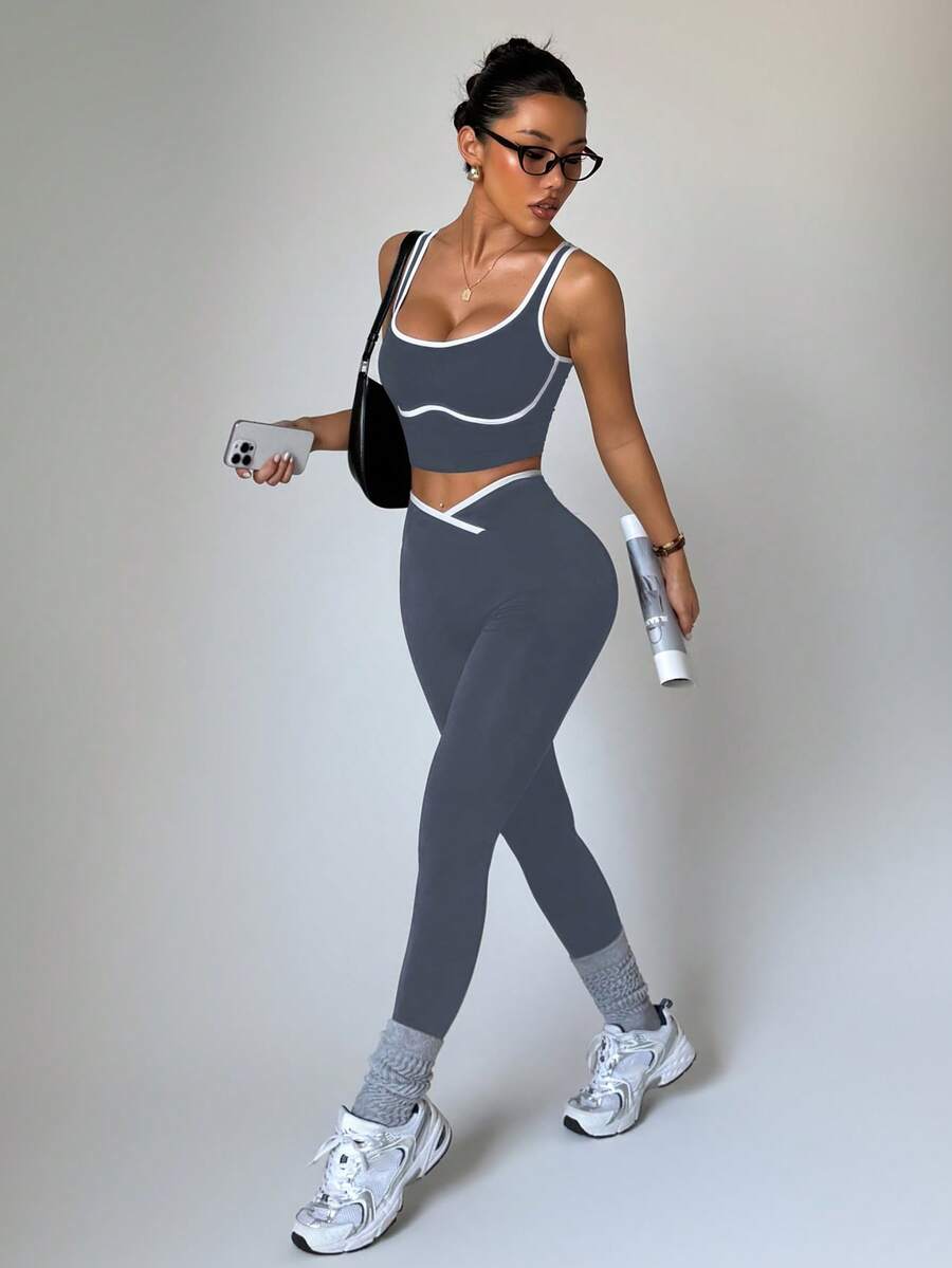 Conjunto Fitness Feminino Sem Costura com Cores Contrastantes