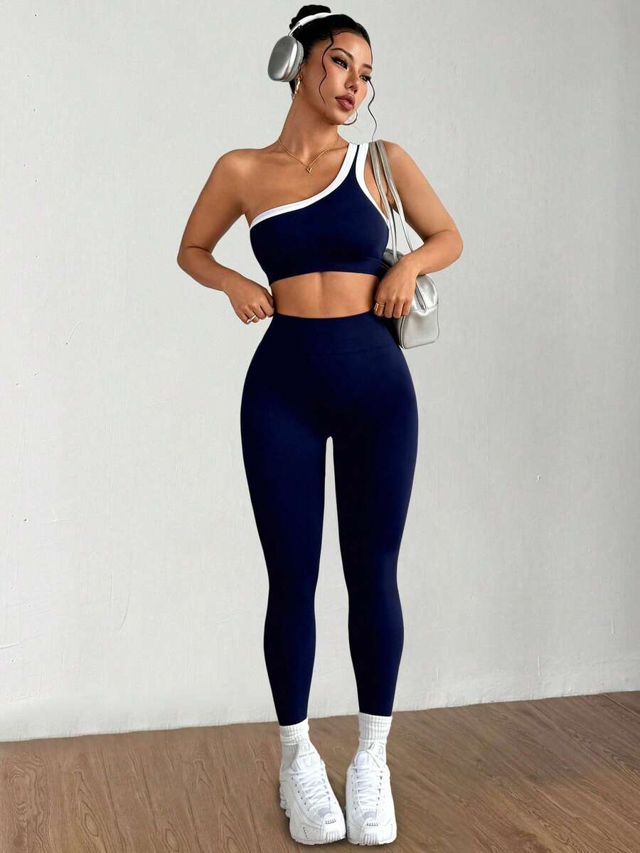 Conjunto Fitness Feminino Sem Costura com Top de Um Ombro e Legging