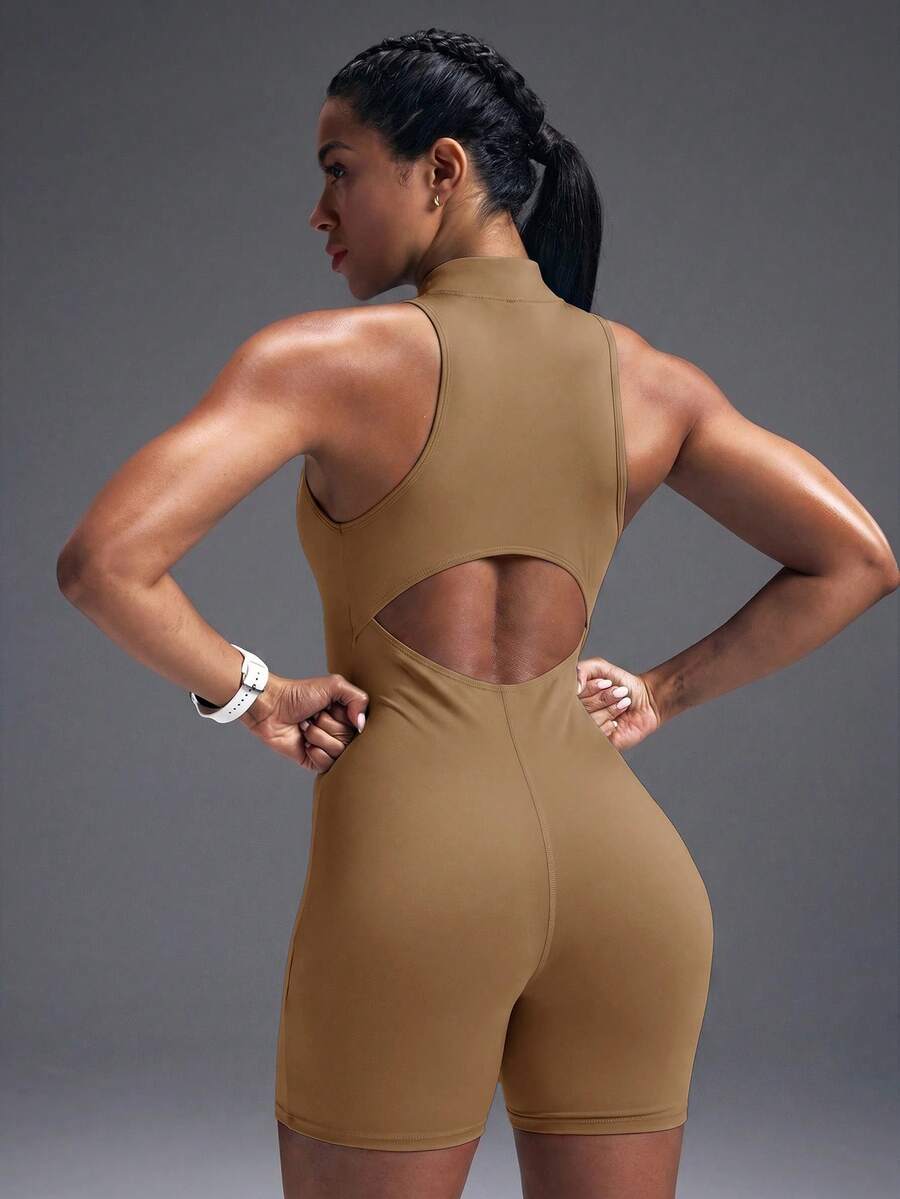 Macacão Fitness Feminino com Zíper Frontal e Sem Mangas