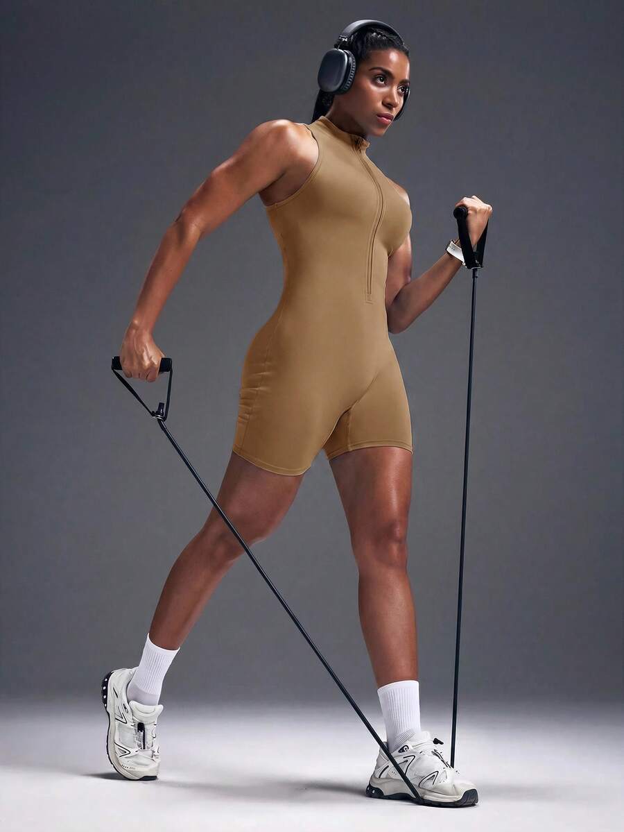 Macacão Fitness Feminino com Zíper Frontal e Sem Mangas