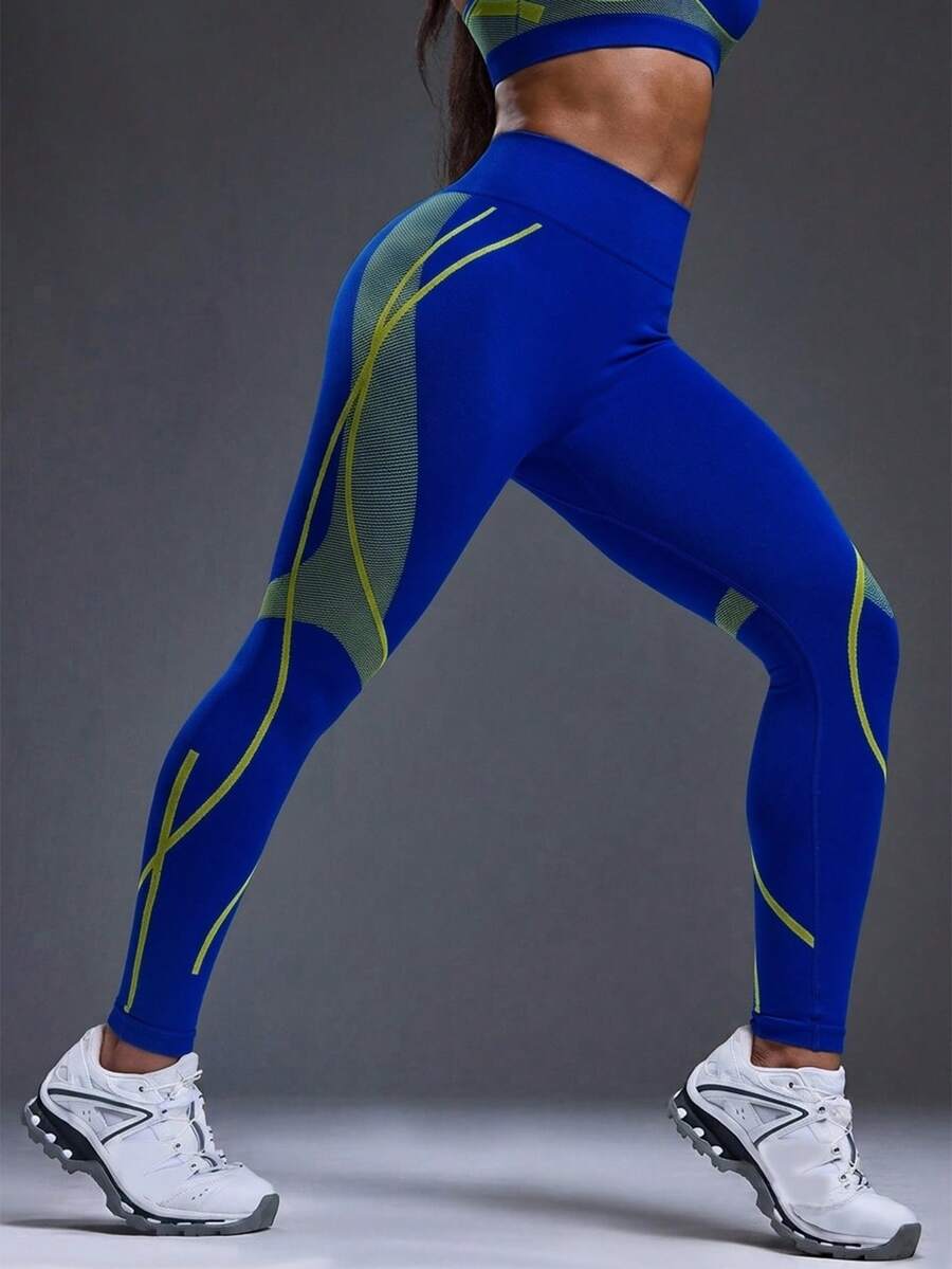 Legging Fitness Feminina Sem Costura com Listras Contrastantes