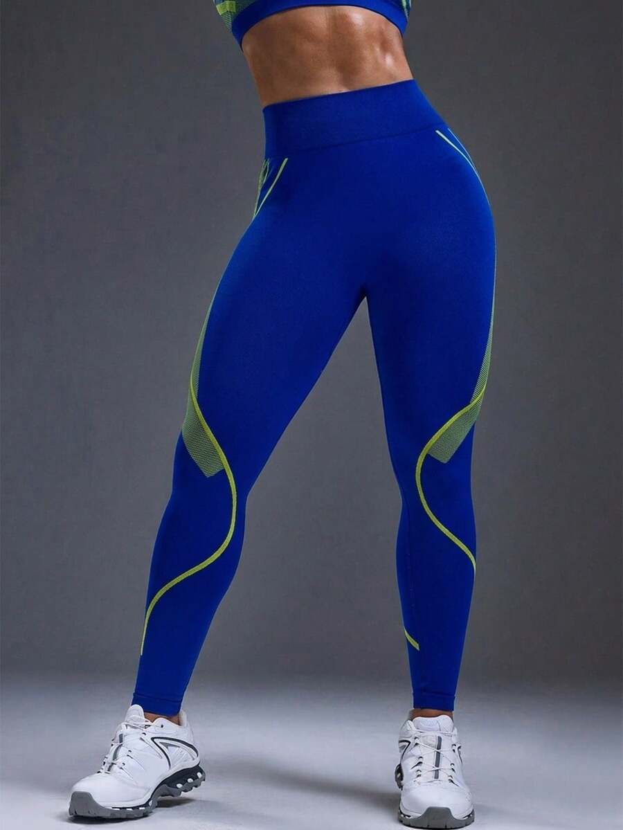 Legging Fitness Feminina Sem Costura com Listras Contrastantes