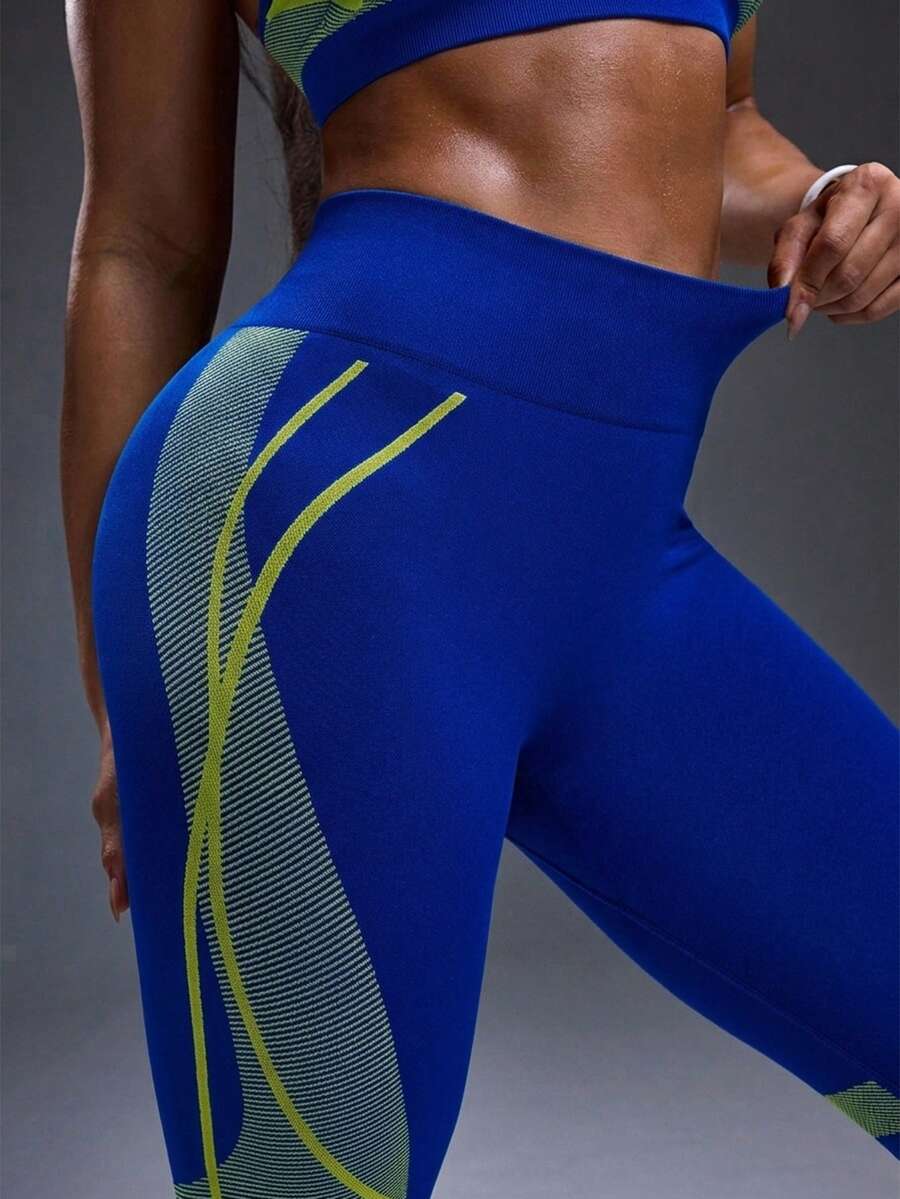 Legging Fitness Feminina Sem Costura com Listras Contrastantes