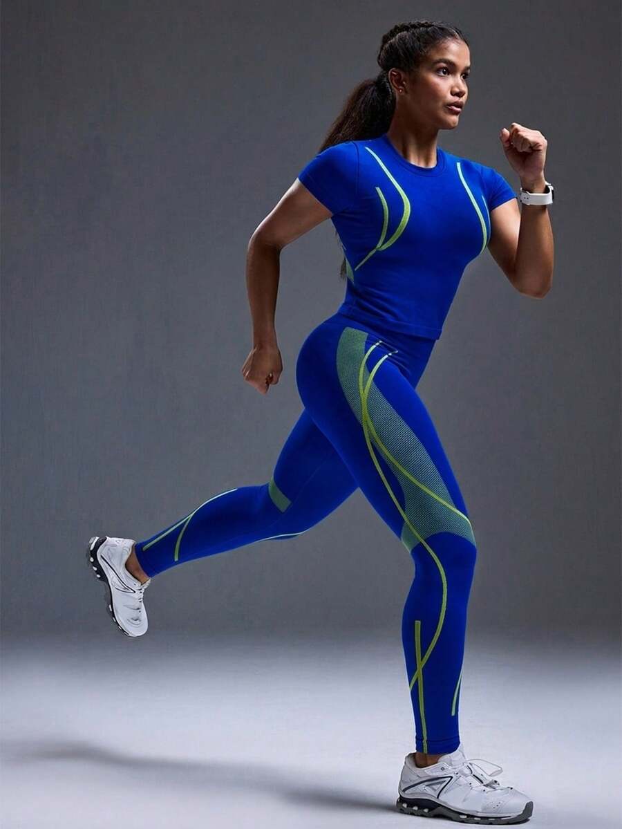 Legging Fitness Feminina Sem Costura com Listras Contrastantes