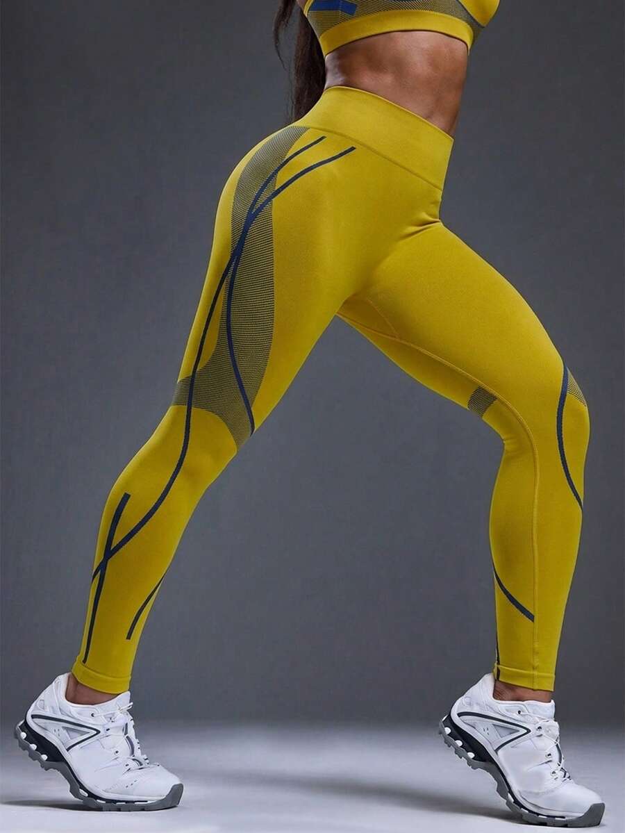Legging Fitness Feminina Sem Costura com Listras Contrastantes
