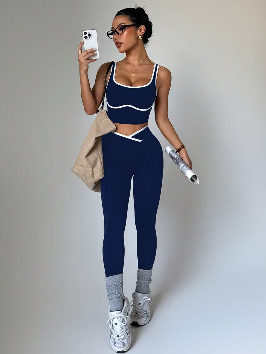 Conjunto Fitness Feminino Sem Costura com Cores Contrastantes