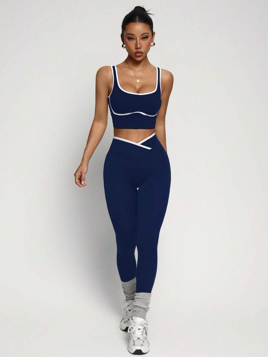 Conjunto Fitness Feminino Sem Costura com Cores Contrastantes