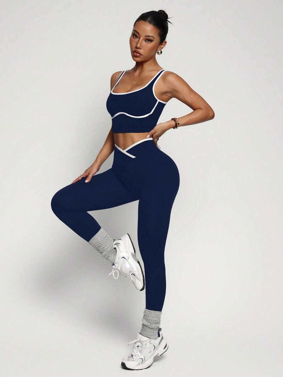 Conjunto Fitness Feminino Sem Costura com Cores Contrastantes