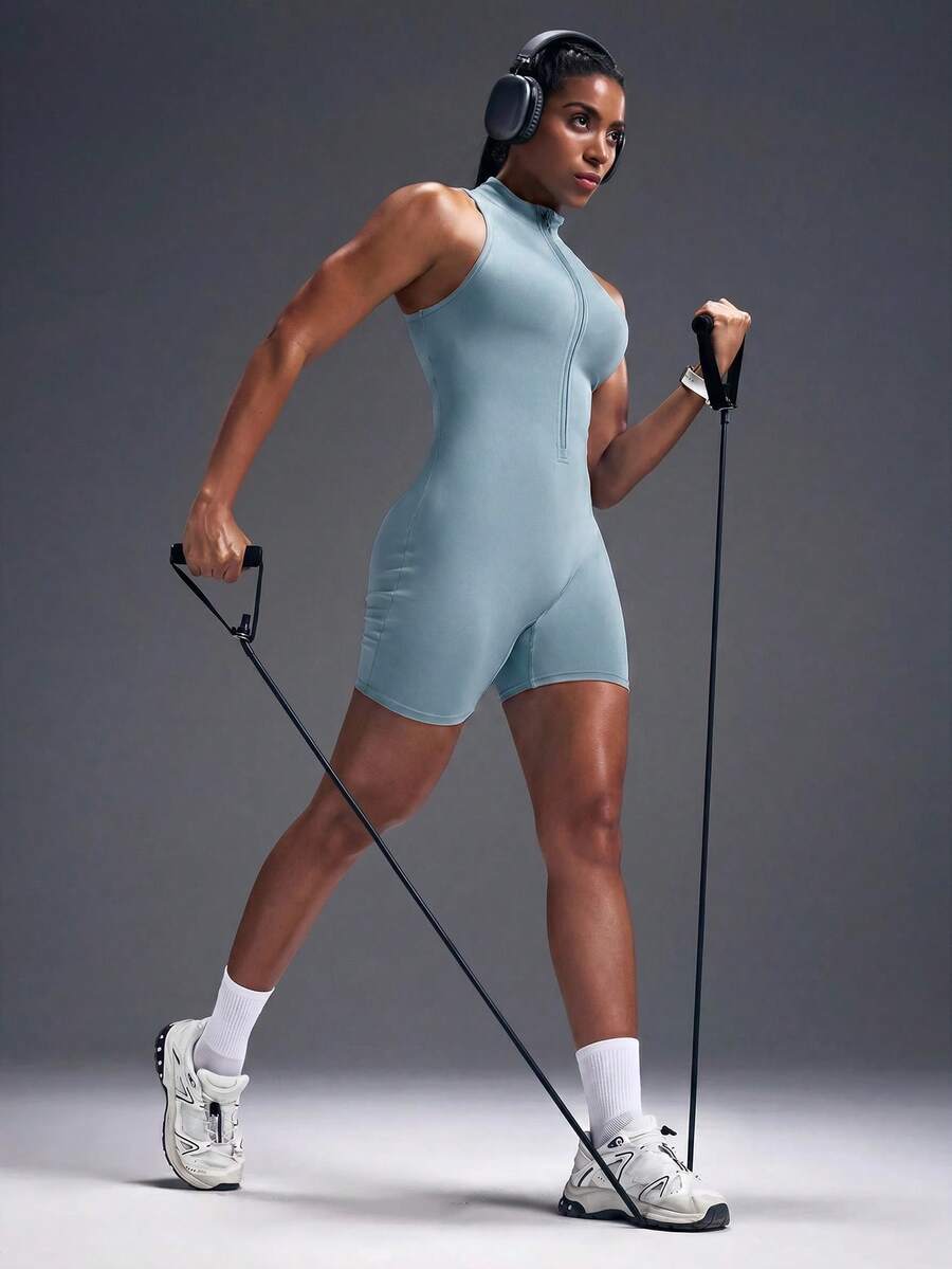 Macacão Fitness Feminino com Zíper Frontal e Sem Mangas