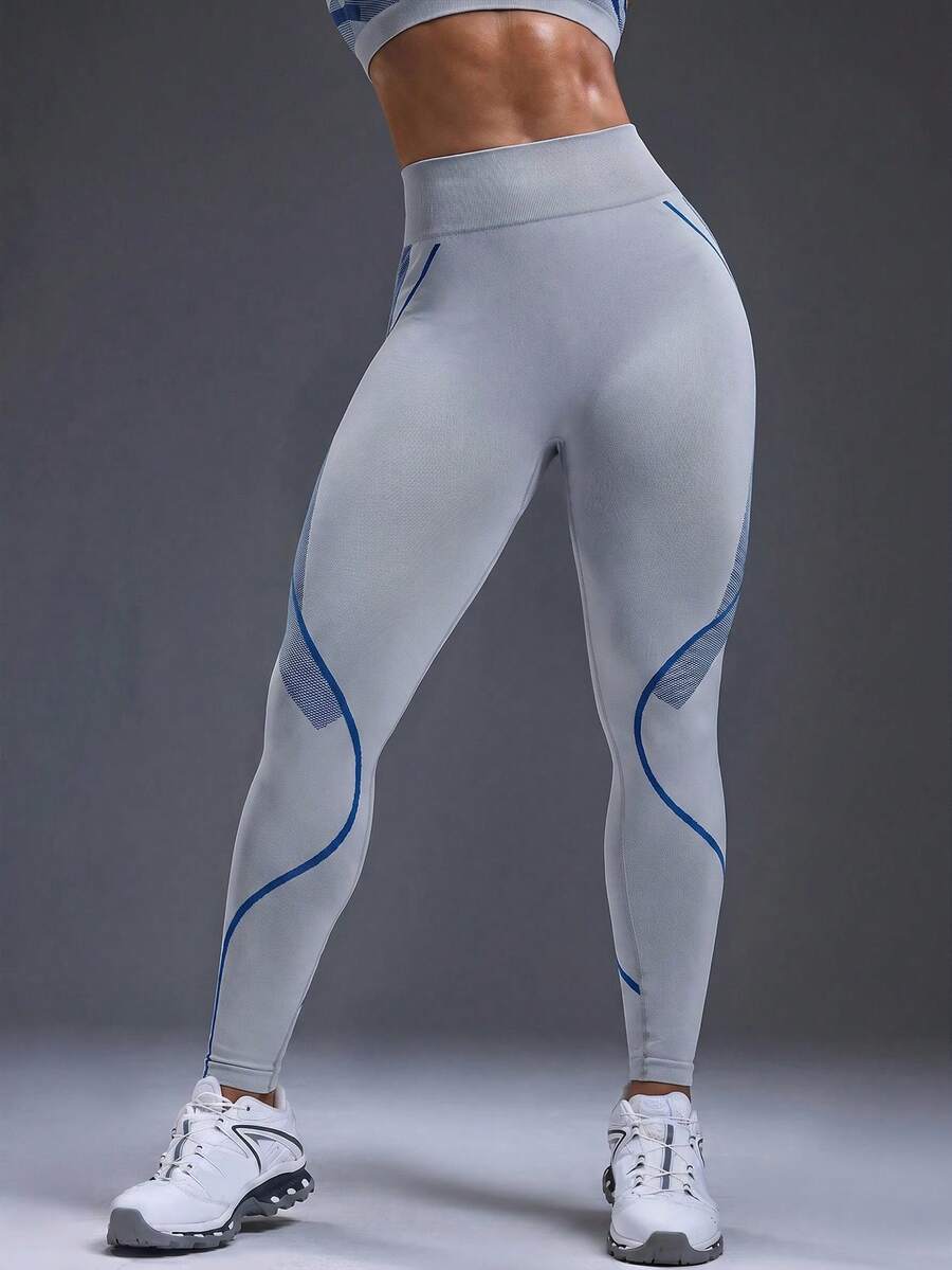 Legging Fitness Feminina Sem Costura com Listras Contrastantes