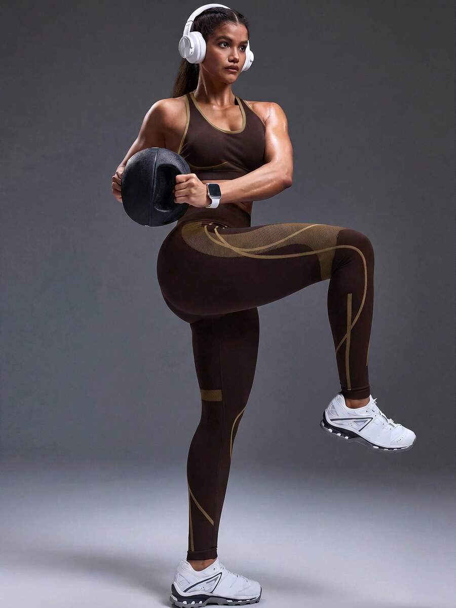 Legging Fitness Feminina Sem Costura com Listras Contrastantes