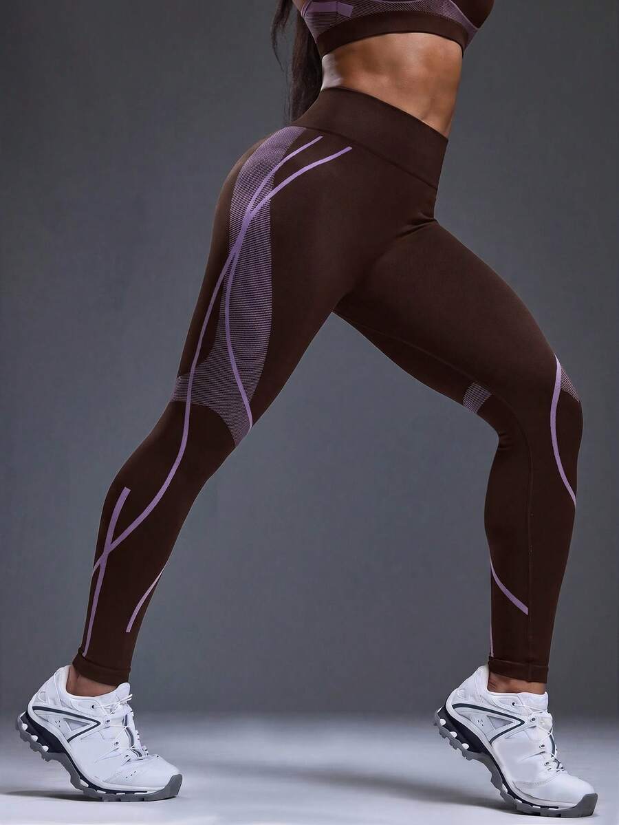 Legging Fitness Feminina Sem Costura com Listras Contrastantes