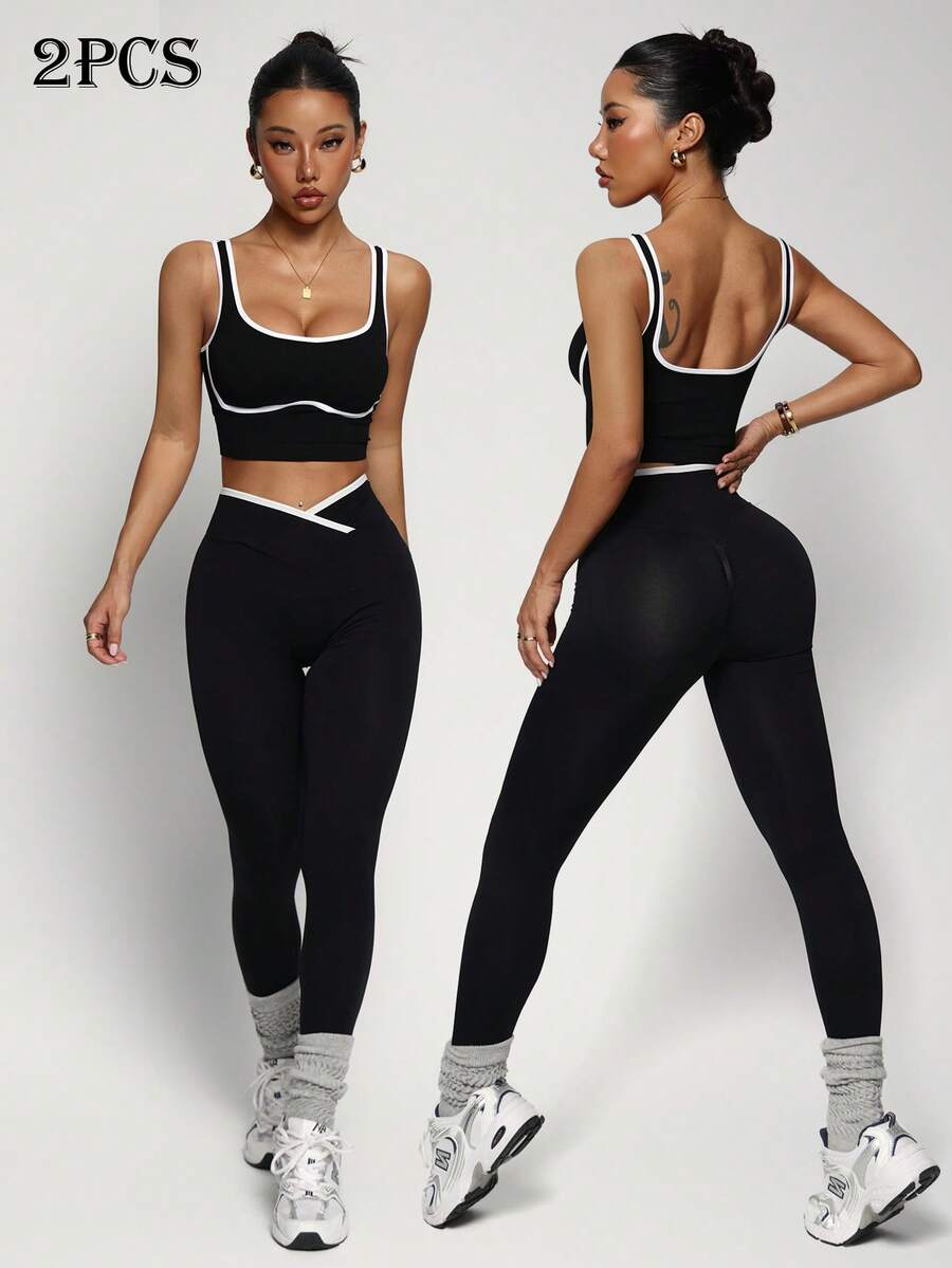 Conjunto Fitness Feminino Sem Costura com Cores Contrastantes
