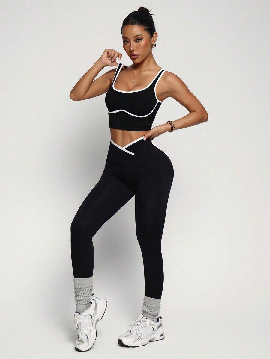 Conjunto Fitness Feminino Sem Costura com Cores Contrastantes