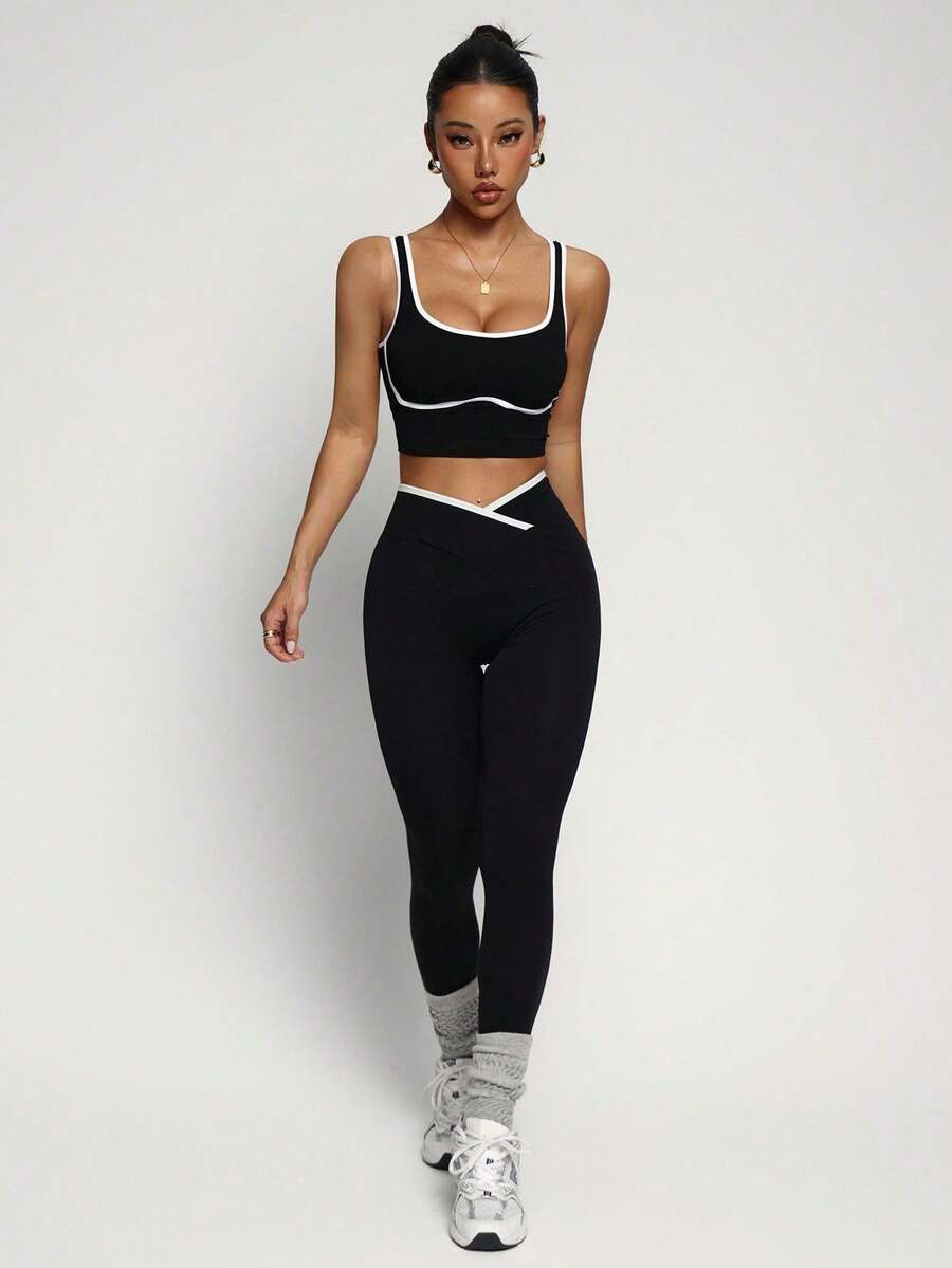 Conjunto Fitness Feminino Sem Costura com Cores Contrastantes