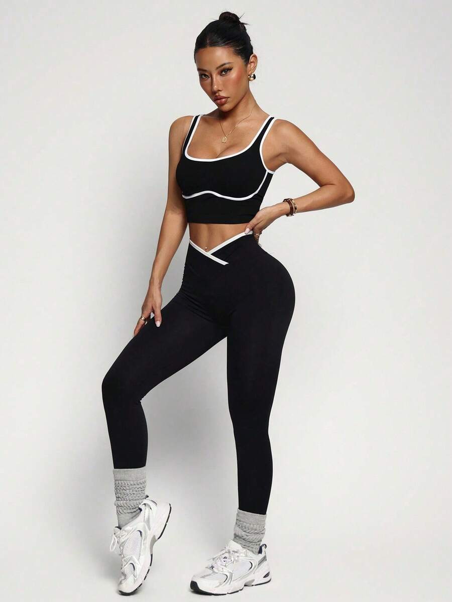Conjunto Fitness Feminino Sem Costura com Cores Contrastantes