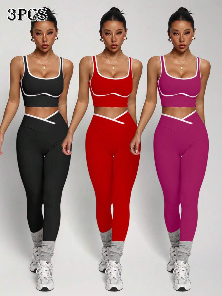 Conjunto Fitness Feminino Sem Costura com Cores Contrastantes