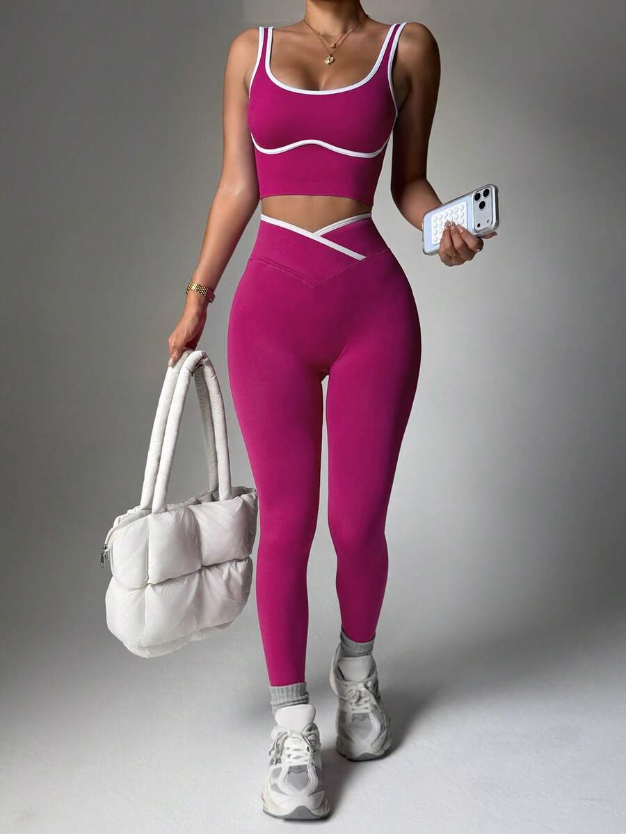 Conjunto Fitness Feminino Sem Costura com Cores Contrastantes