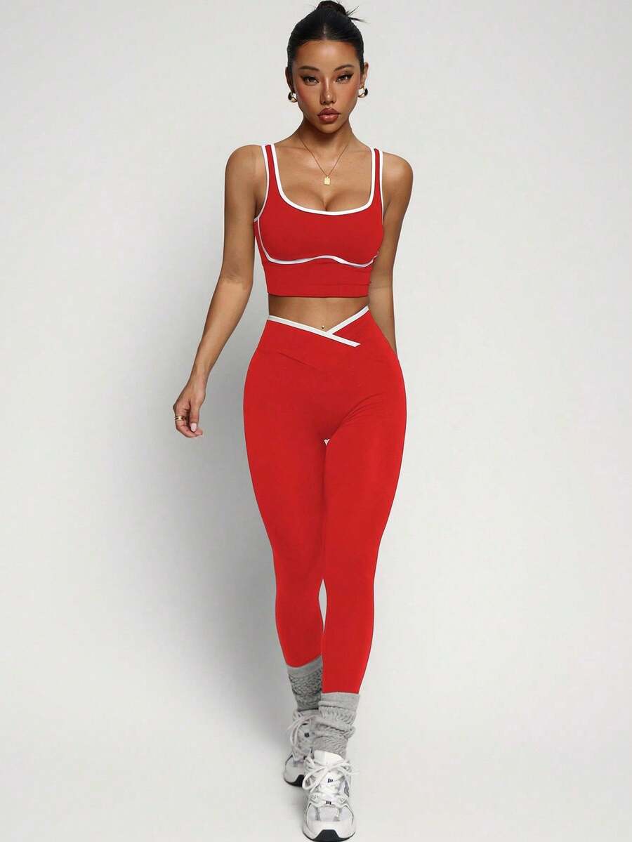 Conjunto Fitness Feminino Sem Costura com Cores Contrastantes