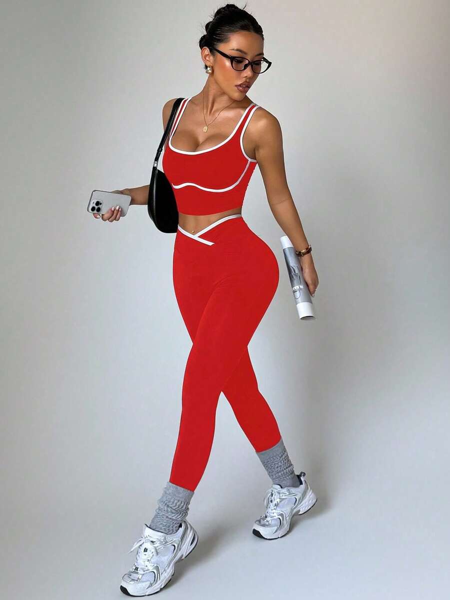 Conjunto Fitness Feminino Sem Costura com Cores Contrastantes