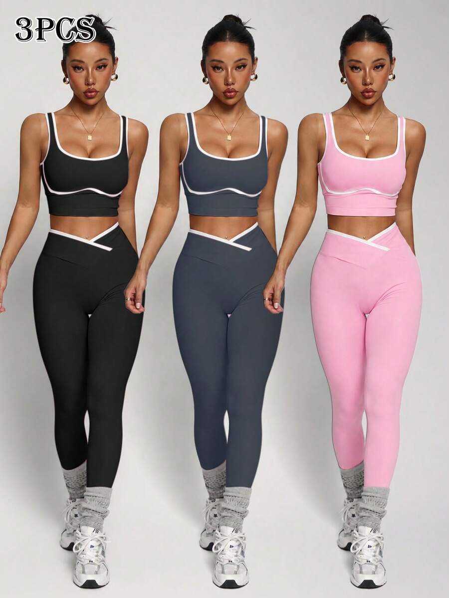 Conjunto Fitness Feminino Sem Costura com Cores Contrastantes