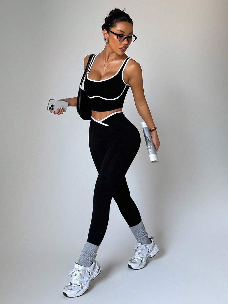 Conjunto Fitness Feminino Sem Costura com Cores Contrastantes
