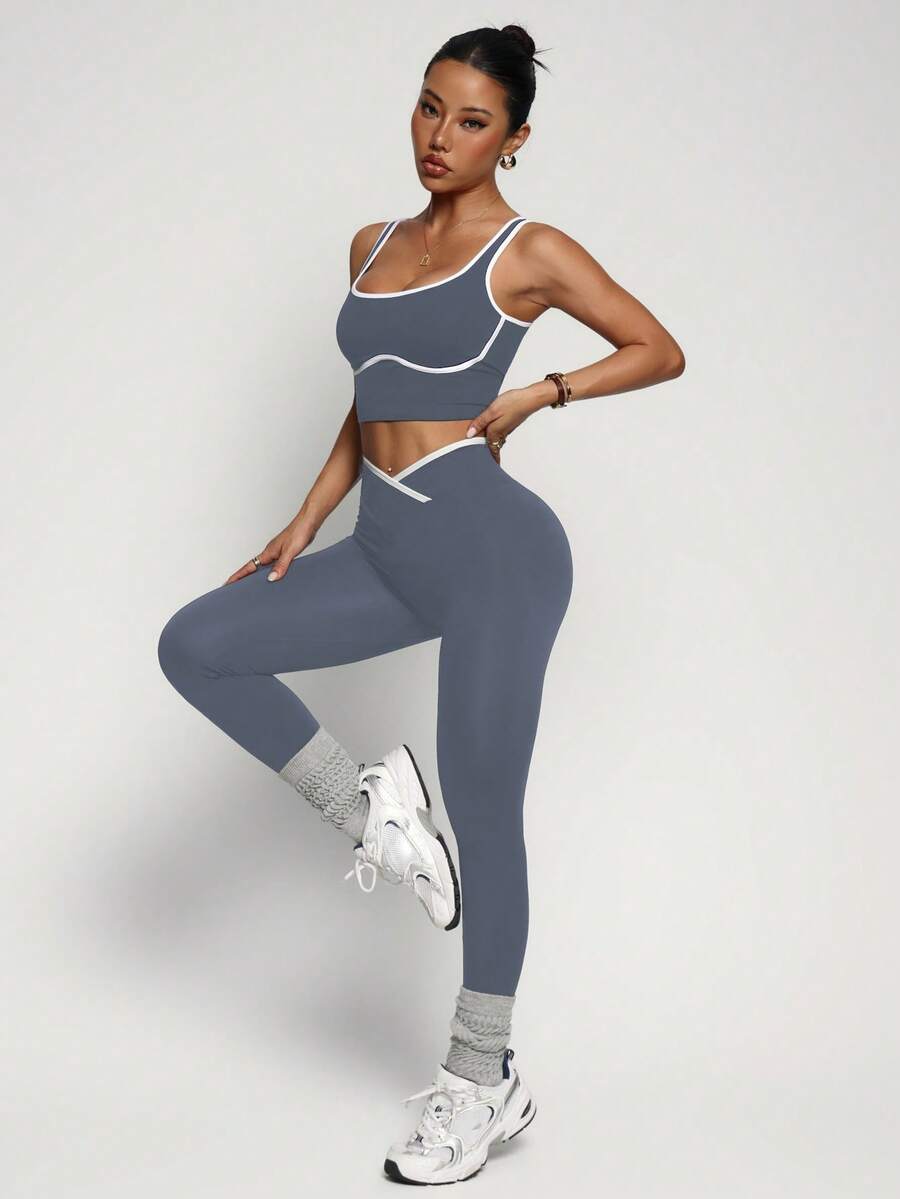 Conjunto Fitness Feminino Sem Costura com Cores Contrastantes