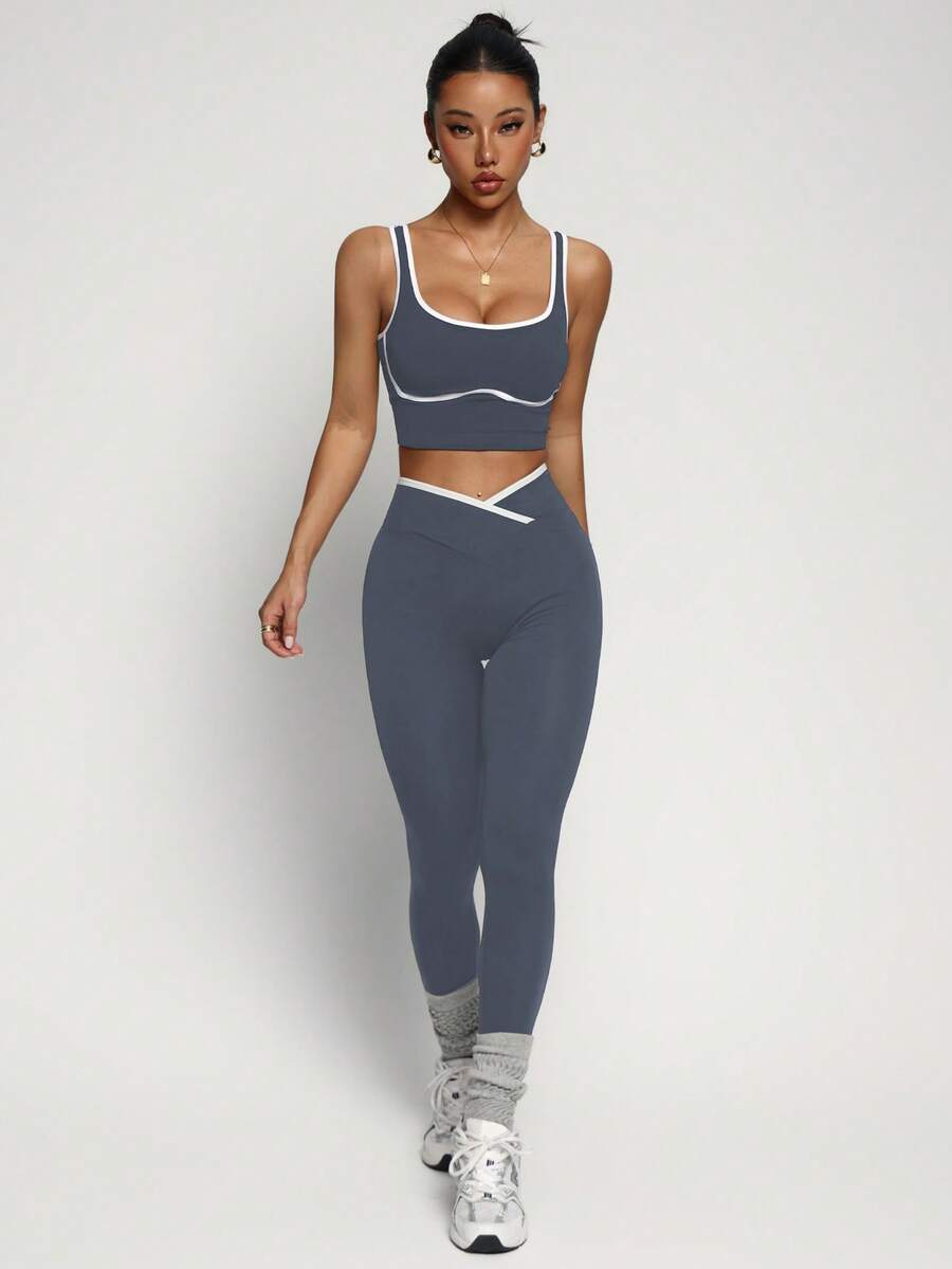 Conjunto Fitness Feminino Sem Costura com Cores Contrastantes
