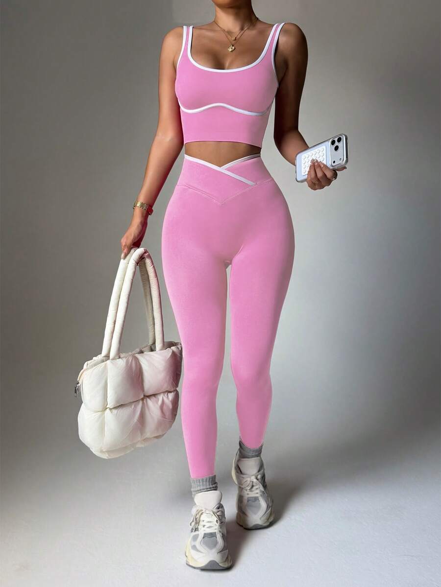 Conjunto Fitness Feminino Sem Costura com Cores Contrastantes