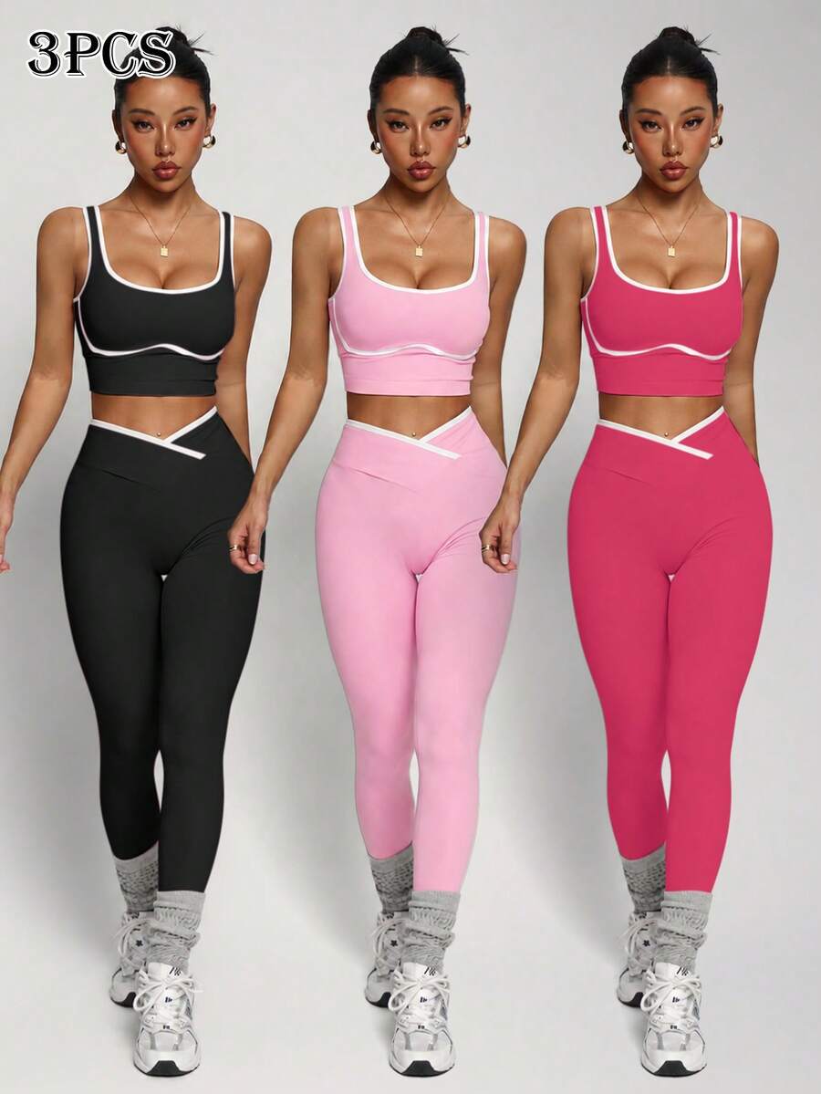 Conjunto Fitness Feminino Sem Costura com Cores Contrastantes